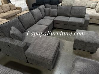 NEW Large U Shape Dark Grey Chenille Fabric Sectional Sofa and Reversible Chaise Ottoman Set Ashley Style BIG Couch SALE Sleeper combine into Bed 