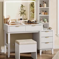 Vanity Desk with Mirror and Lights, Makeup Table with 5 Drawers and Storage Shelves