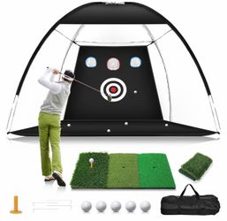 (B-17) Golf Net, 10x7FT Home Golf Hitting Aids Equipment with Foldable Tri-Turf Mat for Backyard Driving Chipping Swing with Training Target/Balls/Tee