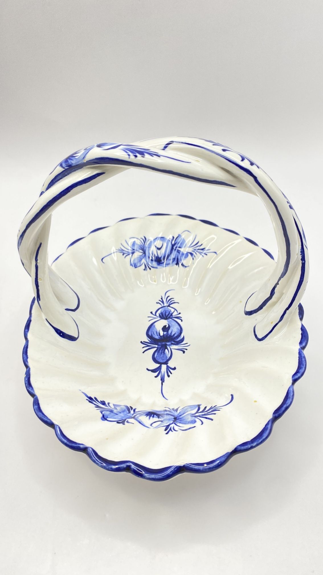 Blue & White Andrea by Sadek Ceramic Basket w/Braided Handle & Beautiful Floral Design Hand Painted