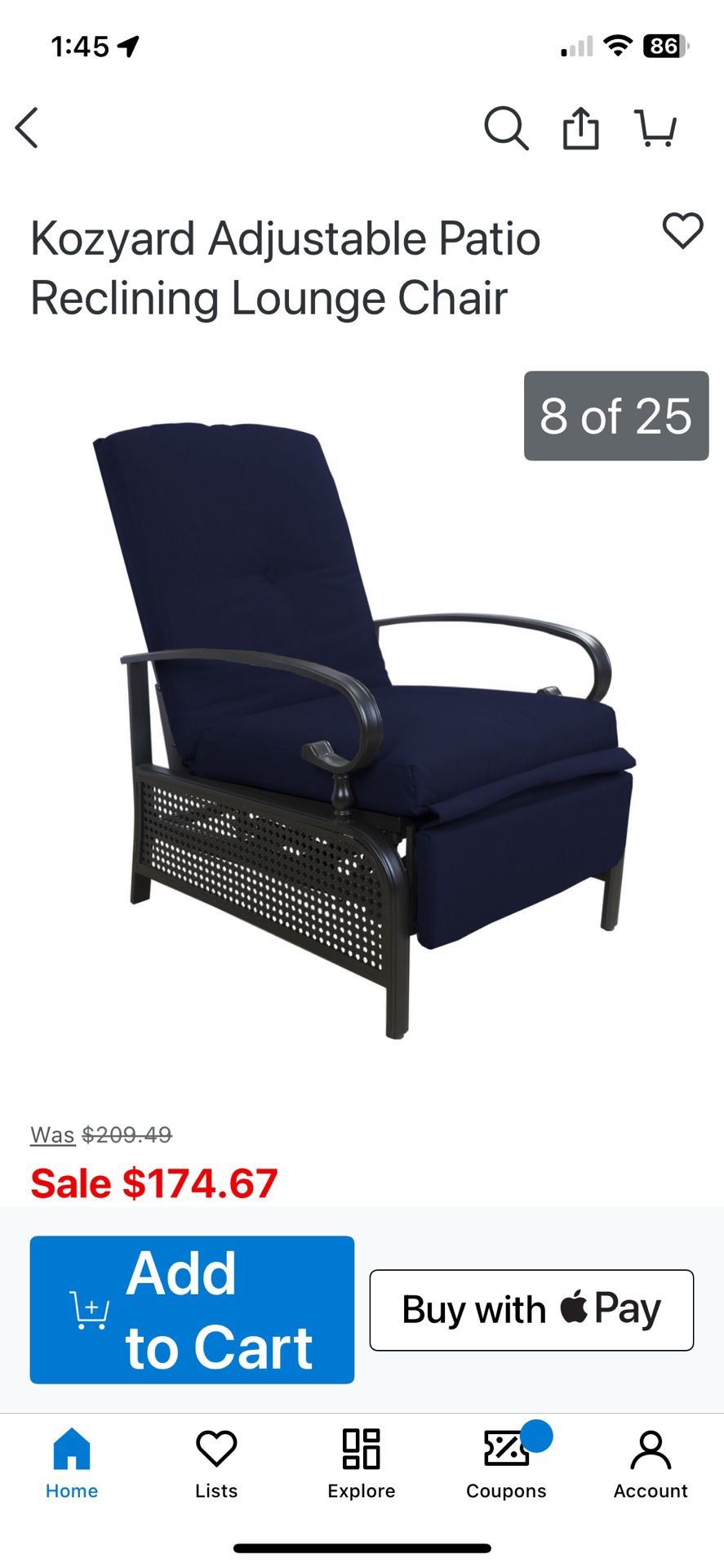 Adjustable Patio Reclining Chair Blue. 