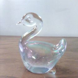 Vintage Clear Iridescent Glass Swan Figurine 3 1/4"