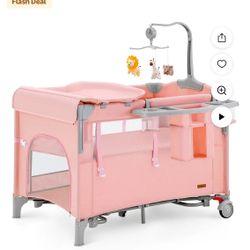 HARPPA 5 in 1 Baby Playard with Bassinet & Changing Table for Newborn, Pink