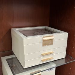SONGMICS Jewelry Box Organizer with Glass Lid 3-Layer Storage w/ 2 Drawer - Cloud White / Gold