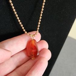 Red Carnelian Quartz Pendant On Gold Tone Chain