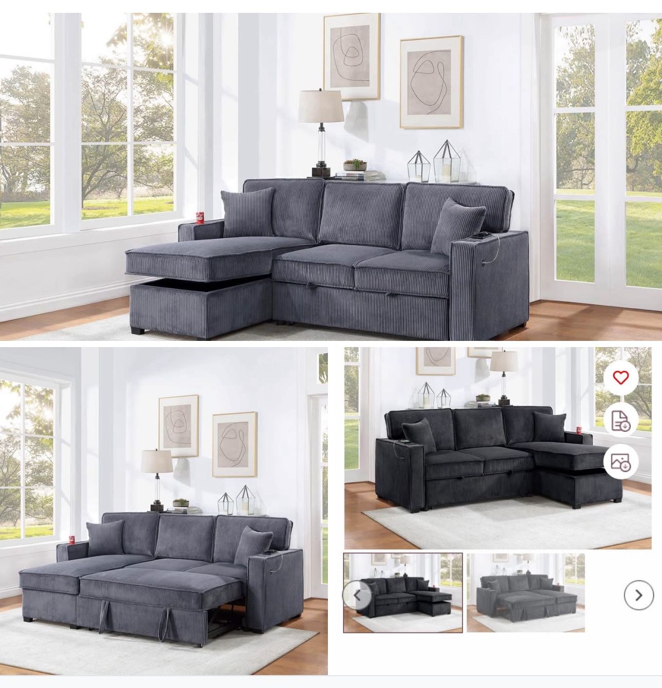 $369 Sectional Couch Pull Out Bed With Storage Plus USB Cup Holder 
