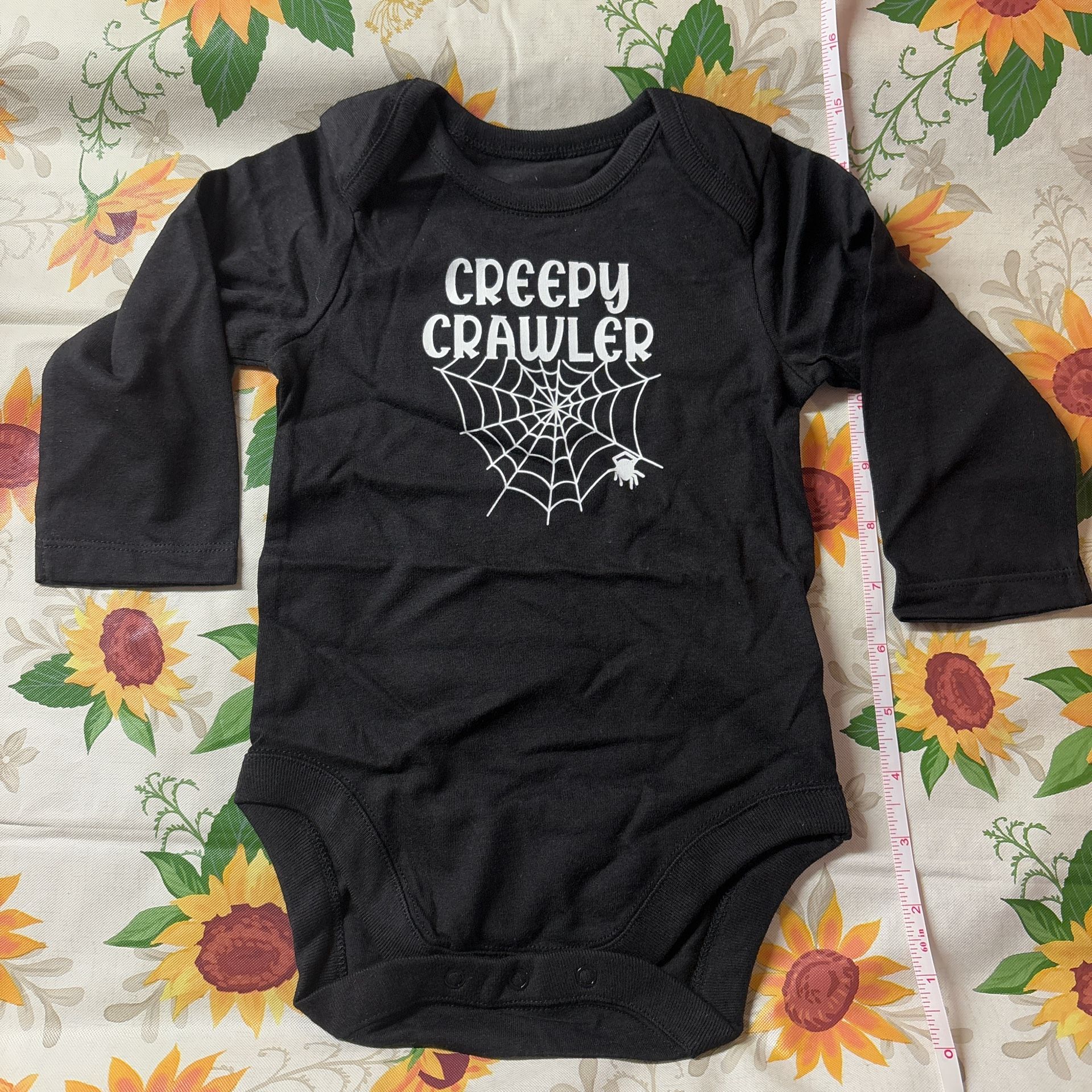 Black long sleeve baby bodysuit with white creepy crawler spider web design #HalloweenBaby 18-22 lbs size 6-9 months