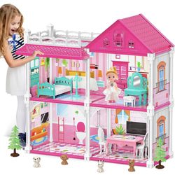 Princess Castle House for Girls, Dollhouse Playset, 2-Story 4 Rooms Playhouse with 1 Doll Toy Figure and Furniture & Accessories, Toy Gifts for Kids 3