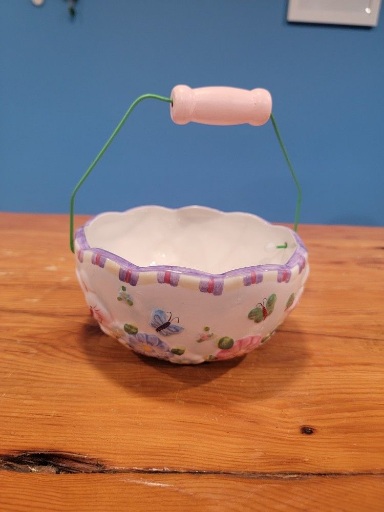 Vintage Ceramic Easter Basket With Handle ~ Easter Bunny, Colorful Flowers