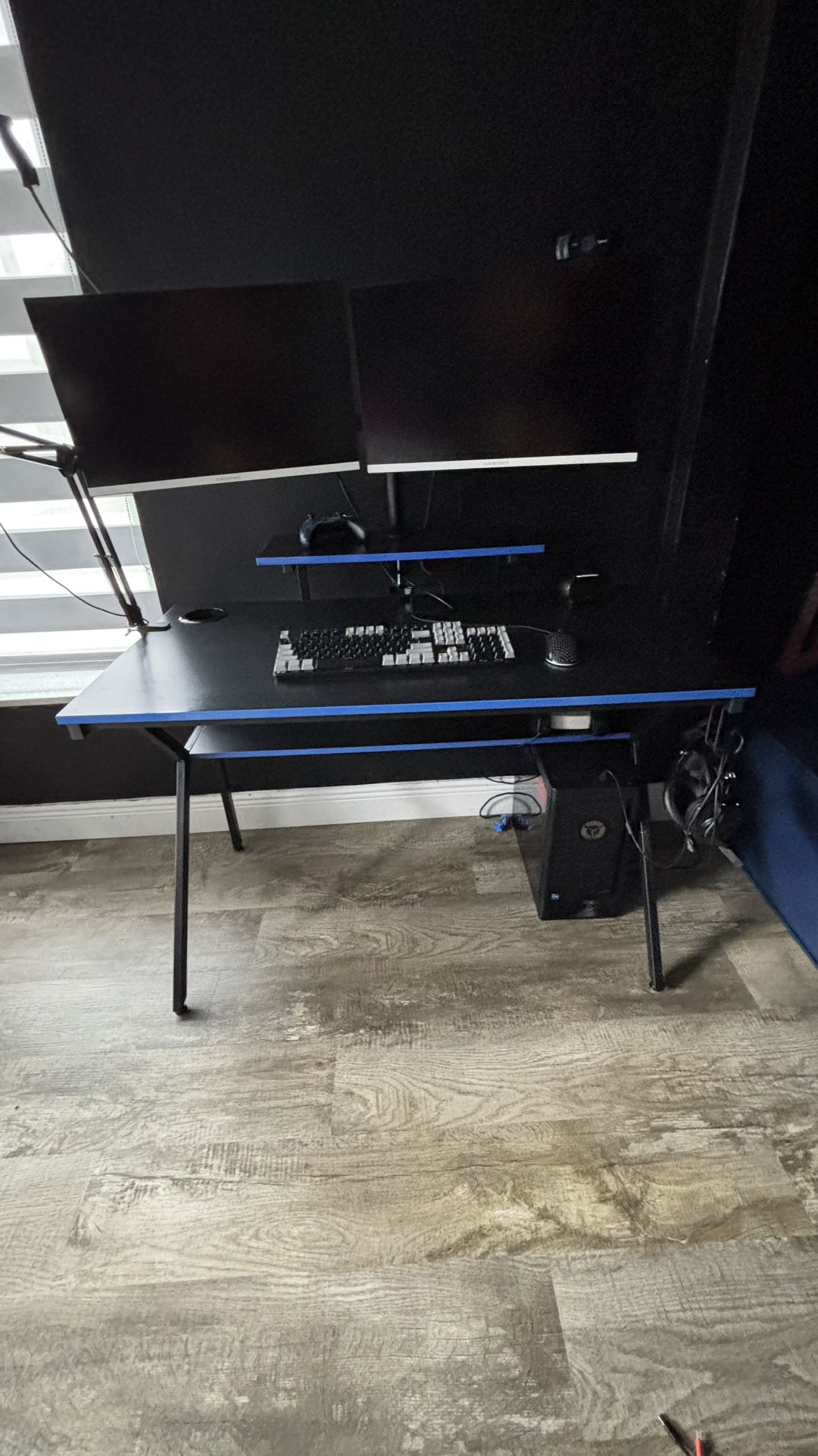 Bestier 44" K-Shaped Gaming Desk with Led Light CPU Stand Carbon Fiber RGB Computer Desk with Bookshelf Student PC Writing Study Table for Home Office