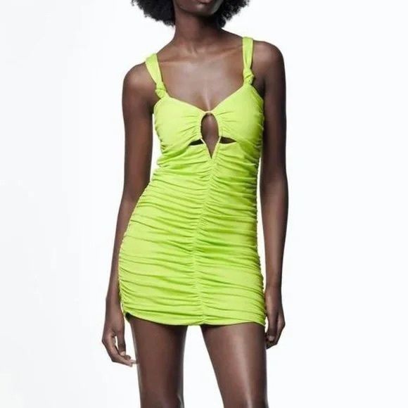 Zara Neon Green Ruched Bodycon Mini Dress Sz M