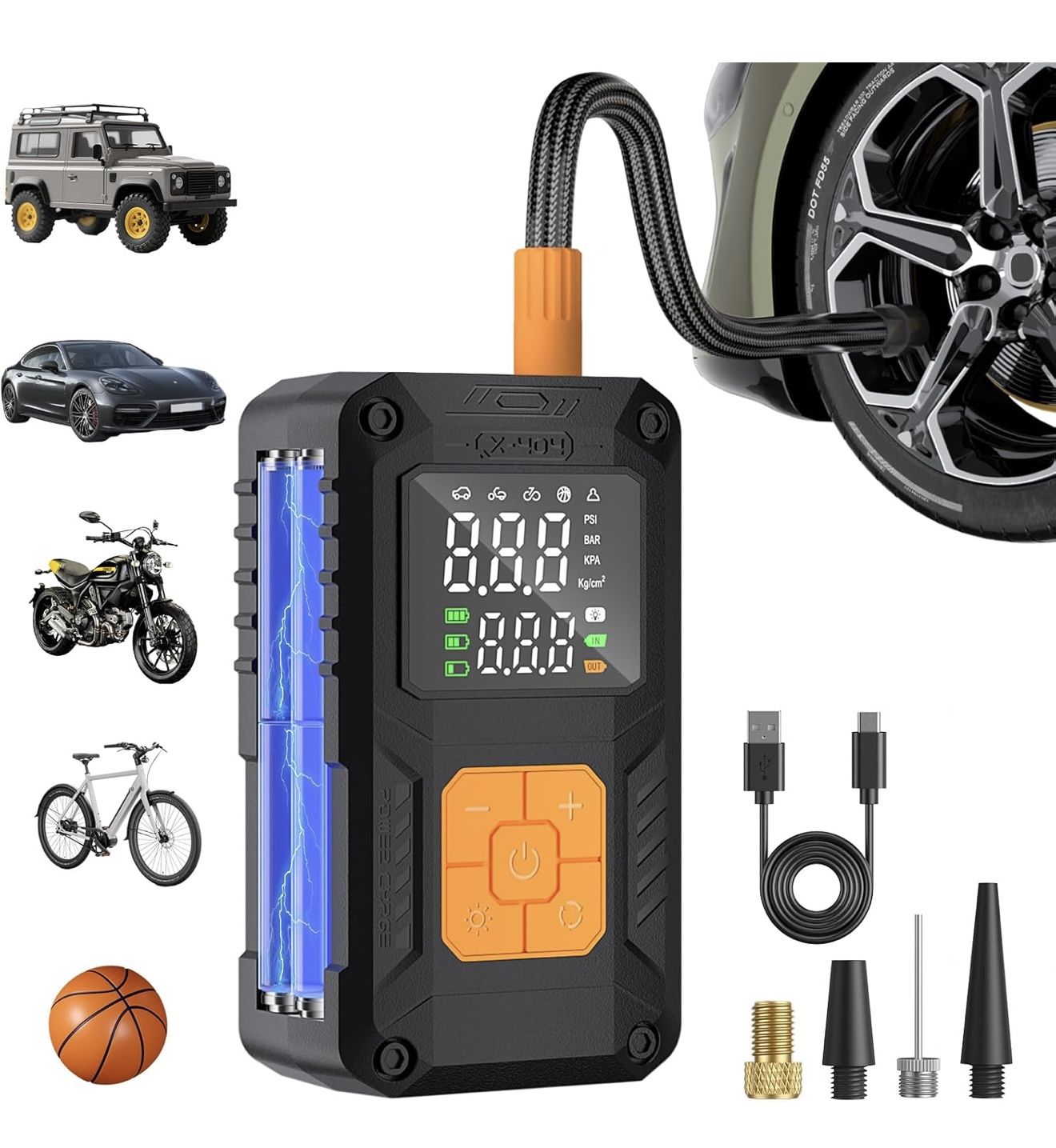 Tire Inflator Portable Air Compressor, Cordless Mini Air Pump with Digital Pressure, Bike Pump, 5X Fast Inflation 10000mAh for Car, Ball, Bike, LED