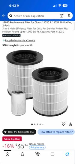 Clorox 12030 Replacement Air Purifier Filter 2-Pack