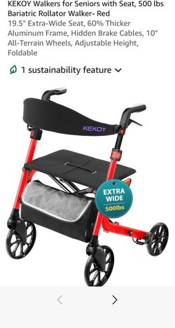 Walkers for Seniors with Seat, 500 lbs Bariatric Rollator Walker- Red