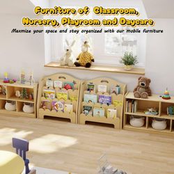2pcs Bookshelf for Kids, 3-Tier Montessori Wooden Toddler Book Rack Toy Organizer and Storage