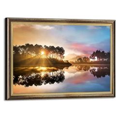 6026: New Sunset Canvas Framed Wall Art: Nightfall Landscape Theme Lake Reflection Picture Mountain Artwork Modern Dusk Nature Scenery Forest Tree Pai