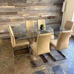  MODERN WOOD & GLASS DINING TABLE SET – GREAT CONDITION