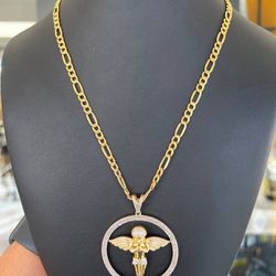 14k solid gold Figaro necklace chain with big Angel pendant made of 10k solid gold and Diamonds