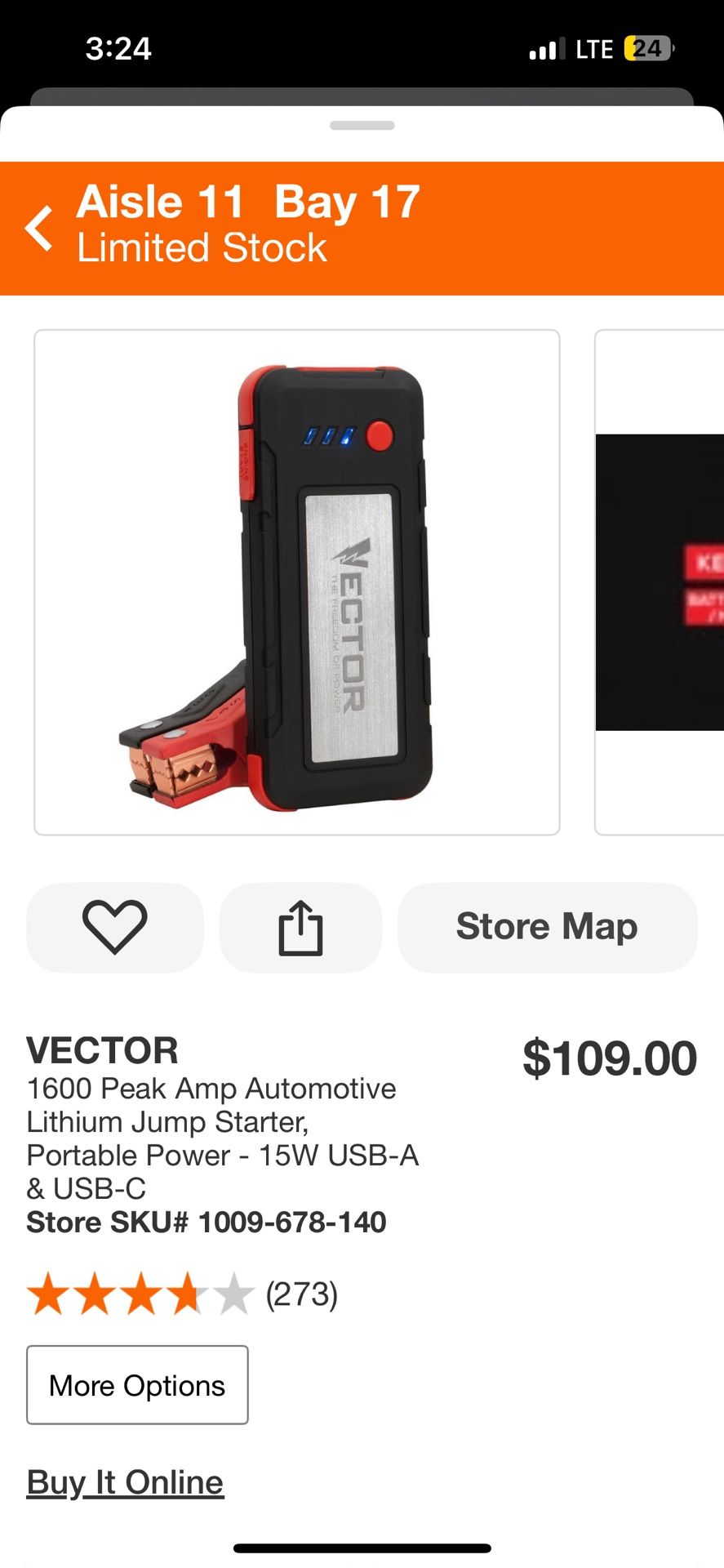 VECTOR 1600 Peak Amp Automotive Lithium Jump Starter, Portable Power - 15W USB-A & USB-C