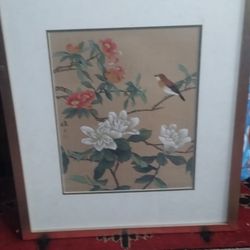 Bird With White And Red Flowers 