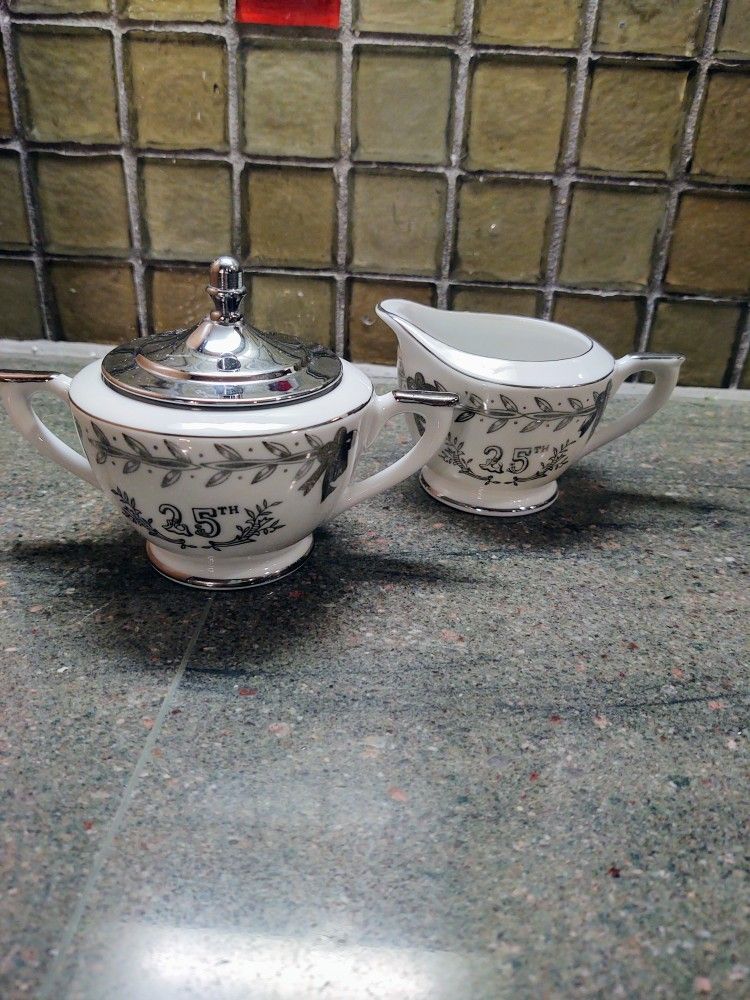 Vintage Porcelain 25TH Anniversary Cream And Sugar