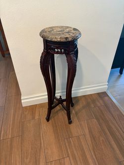 Carved Wood Pedestal Stand with Marble Top