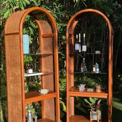 VINTAGE WALNUT AND CANE ARCHED SHELFS- 1970'S