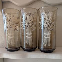 3 Libbey Wheat Glasses Brown Glass Tumblers