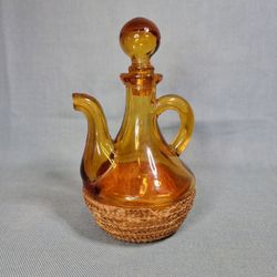 Vintage Oil/Vinegar Glass Amber Gold With Wicker Bottom
