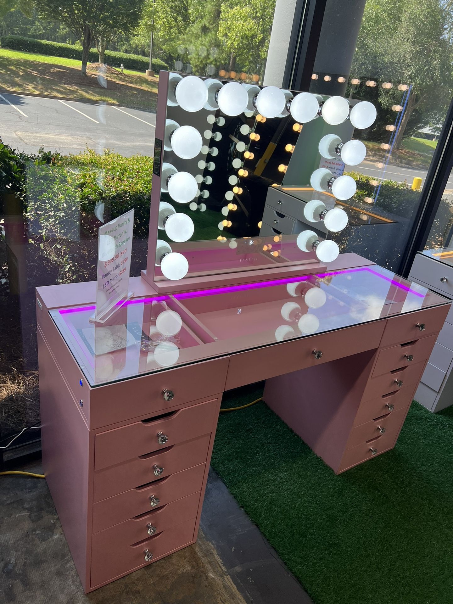 Pink Makeup Vanity and Bluetooth Speaker LED Mirror