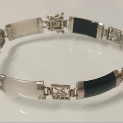 Asian Chinese Characters Mother of Pearl Black Onyx 925 Silver Bracelet Statement Estate