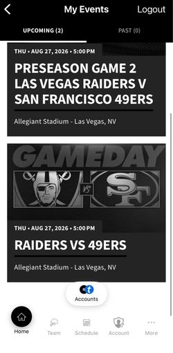 2 Tickets Las Vegas Raiders v San Francisco 49ers Thu • Aug 27, 2026 • 5:00 PM