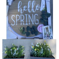 Spring Home Decor Wood Sign & Flowers Bundle Of 3 