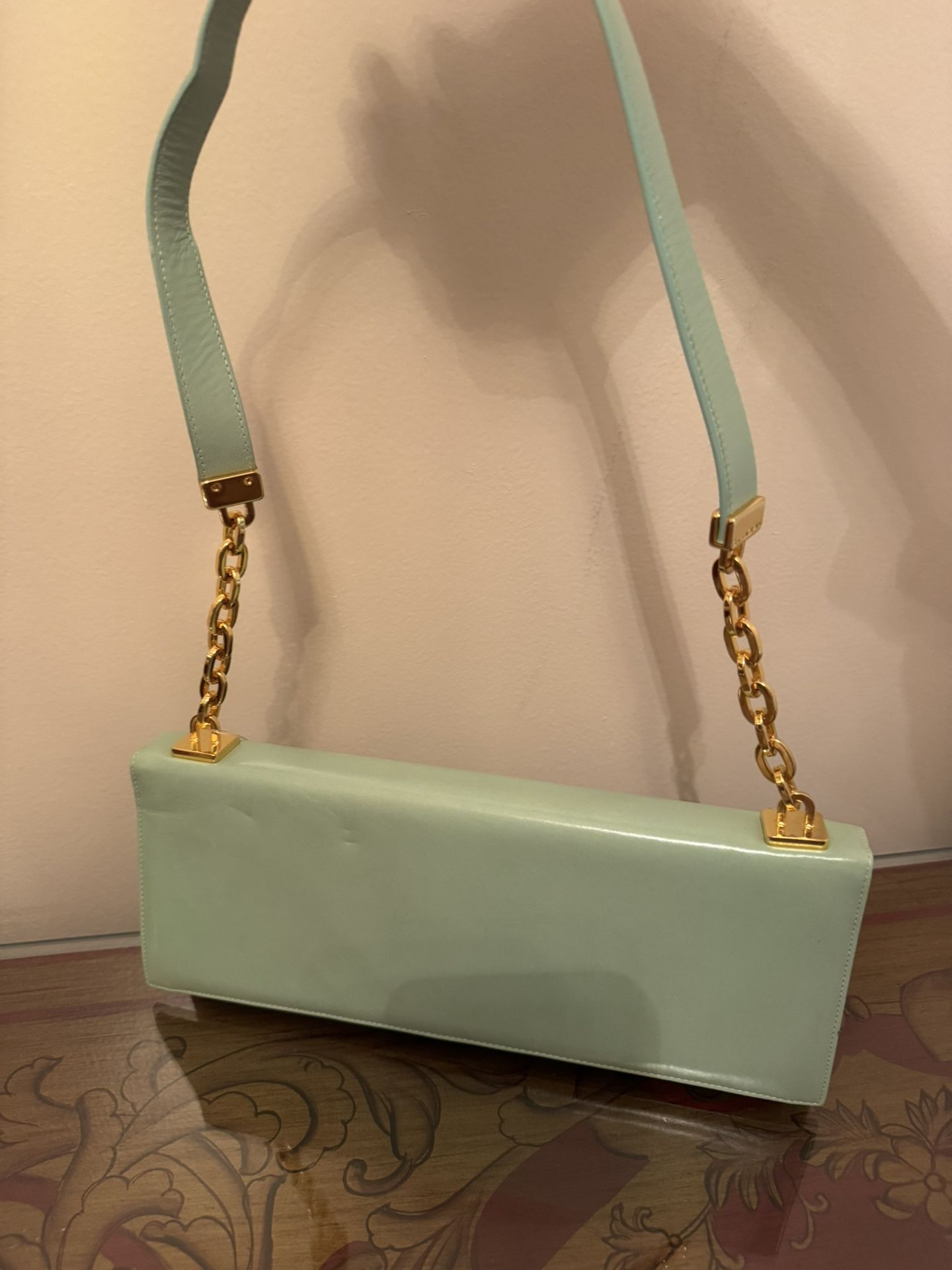 Dramatic PRICE DROP: Vintage, Immaculate, NEVER USED Top Quality Mint-colored Leather Bag With Gold Hardware By Designer St. John