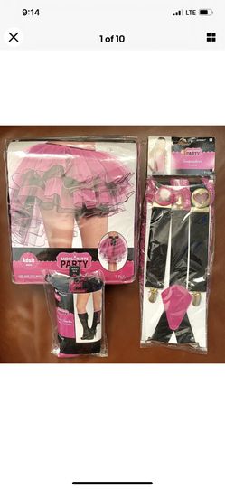 NWT Wedding Bridal Bachelorette Halloween Party Set Future mrs Bride Tutu, suspenders &Knee Socks Pink Black one size