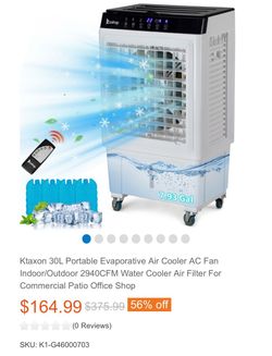 Ktaxon 30L Portable Evaporative Air Cooler AC Fan Indoor/Outdoor 2940CFM Water Cooler Air Filter For Commercial Patio Office Shop
