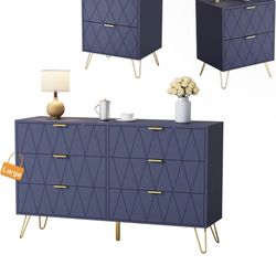 Anbuy Bedroom Sets Navy Blue Sets 3Pcs Large 6 Drawer Dresser and Night Stand Sets for Bedroom,