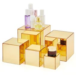 Geetery Set Of 5 Gold Acrylic Mirrored Display Buffet Risers With Hollow Bottom Acrylic Cube Stand Boxes For Display Dessert Table Stand For Catering 