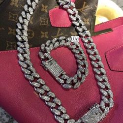 New 18k White Gold Cuban Link Chain And Bracelet 