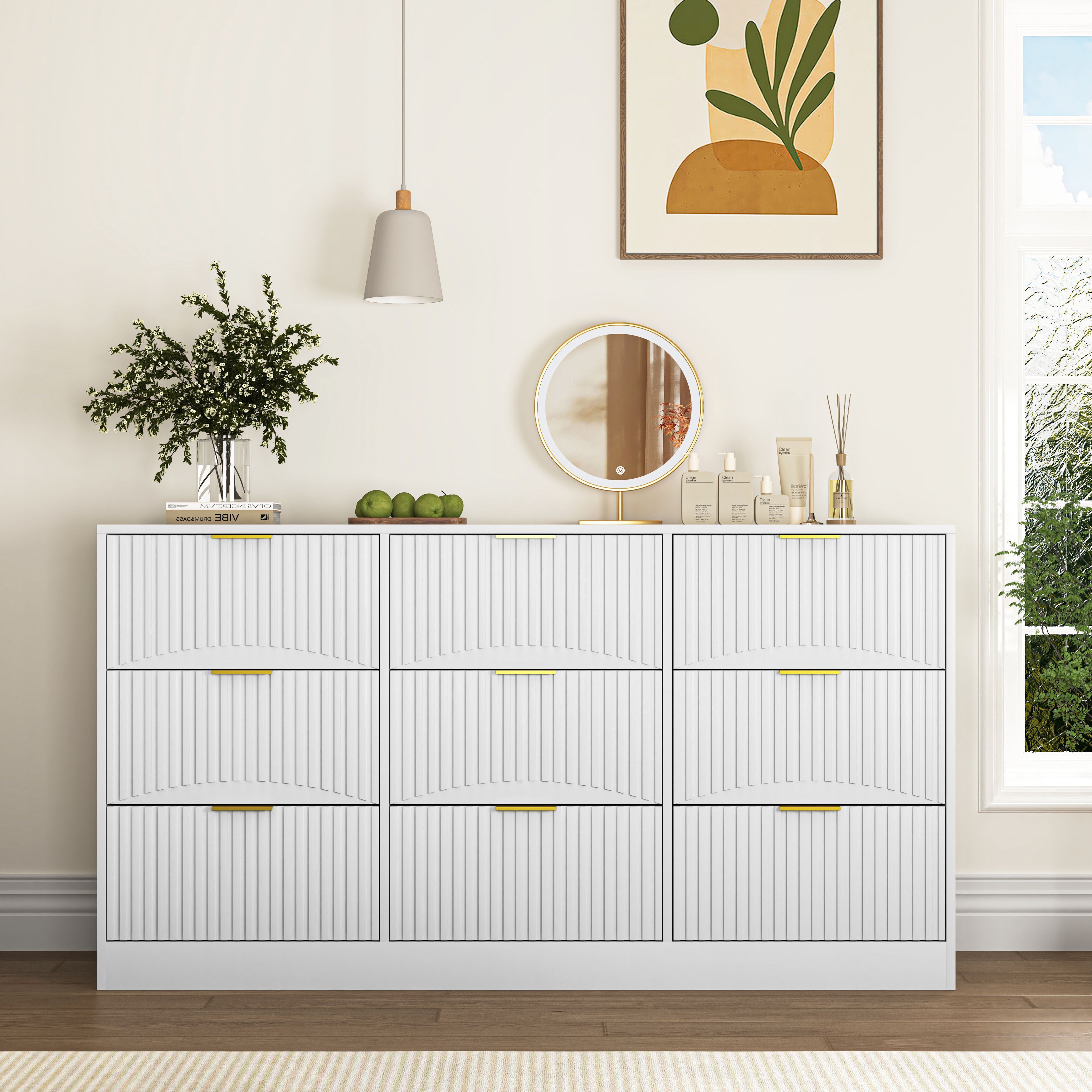 Brand New Sealed White 9 Drawer Dresser Wavy Panel Modern Storage Cabinet