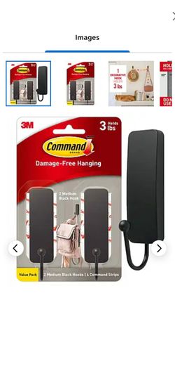 Command Medium Designer Hooks, 3 lb., Matte Black, 2/Pack