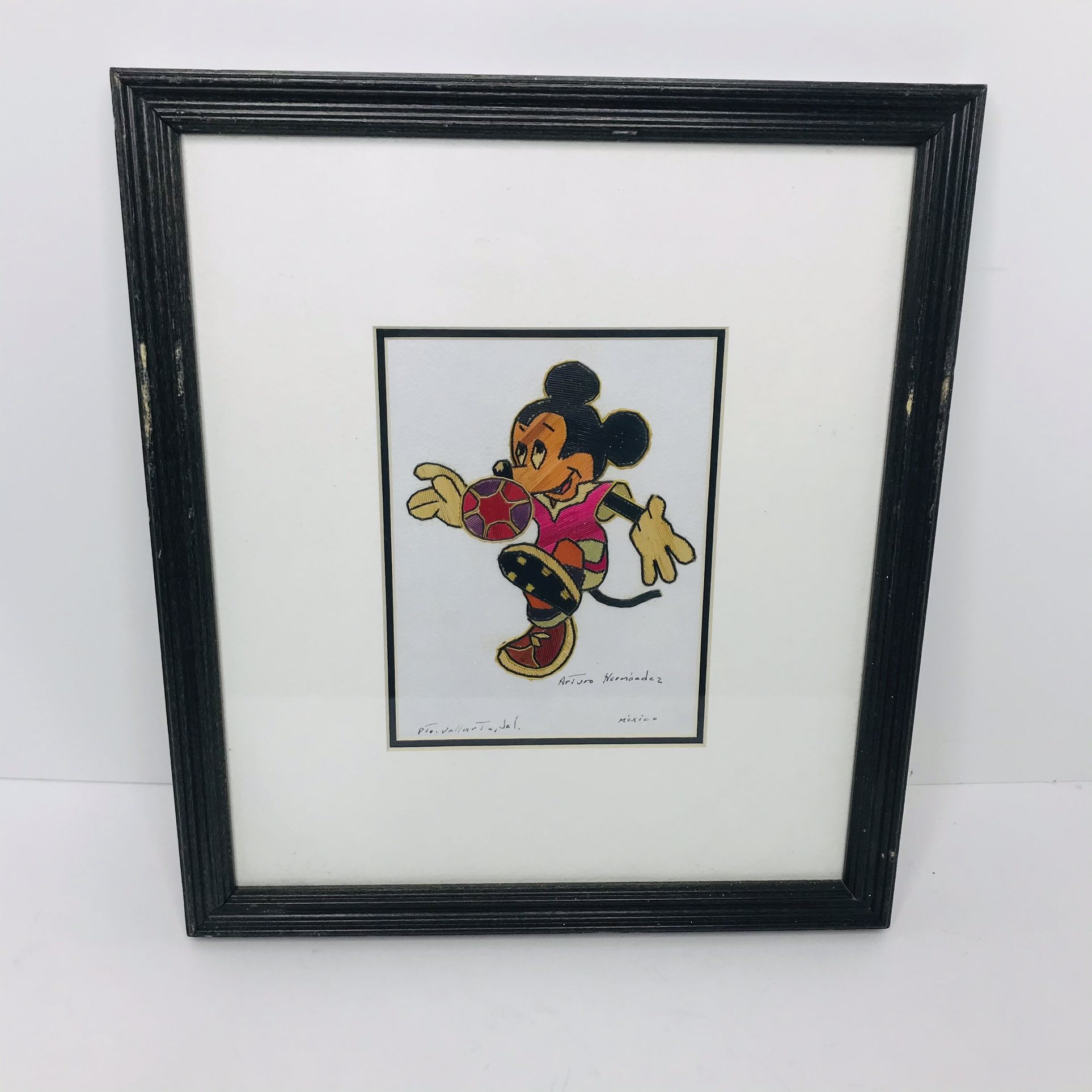 Vintage Mexican Straw Mosaic Popotillo Art Minnie Mouse Arturo Hernandez Framed