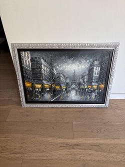 Paris Street Scene Oil Painting with Silver Frame
