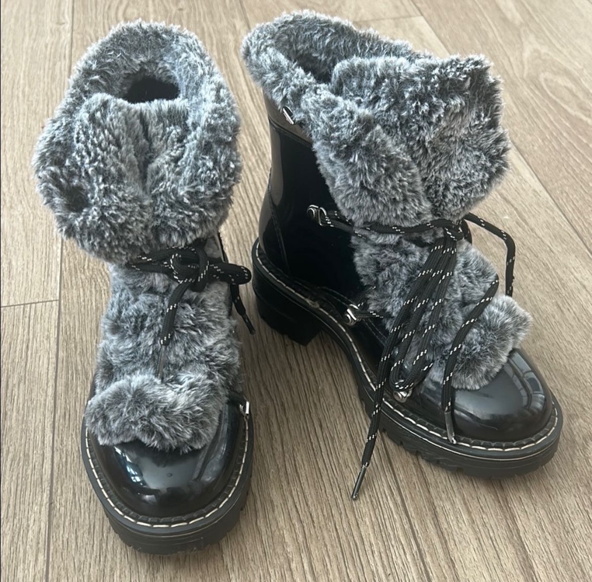 Tommy Hilfiger Gray Faux Fur Lace-Up Boots