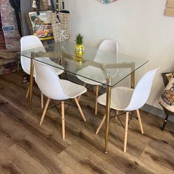 Modern Glass Rectangle Dining Table And 4 White Chairs Thanksgiving Deal 