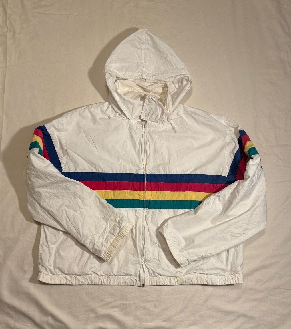 Vintage 80s 90s Y2K Baggy Oversized White Windbreaker Jacket With Multicolored Stripes Unisex XL