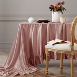 Vonty Rose Gold Satin Ruffle Tablecloth, 60"X120"