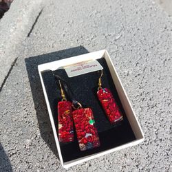 Murano Glass Red Earrings And Rectangular Pendant/Necklace Set, Made In Italy 