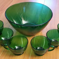 Anchor Hocking Forest Green Glass Bowl And 6 Cup Set