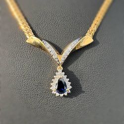 Jewelry 14k solid yellow gold Cuban link pear shape pendant natural diamond sapphire necklace 17.00" 3.20mm 8.30 grams